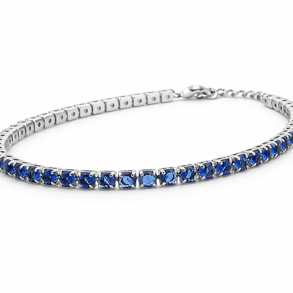 Simulated Ceylon Blue Sapphire Bracelet in Silvertone 7.5 Inches